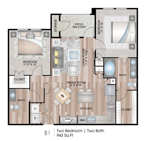 Floor plan for 2 beds, 2 baths, 943 sqft